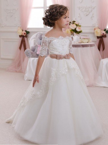 Shop Ivory Ball Gown High Neck Floor Length Short Sleeve Flower Girl Dress Sydney