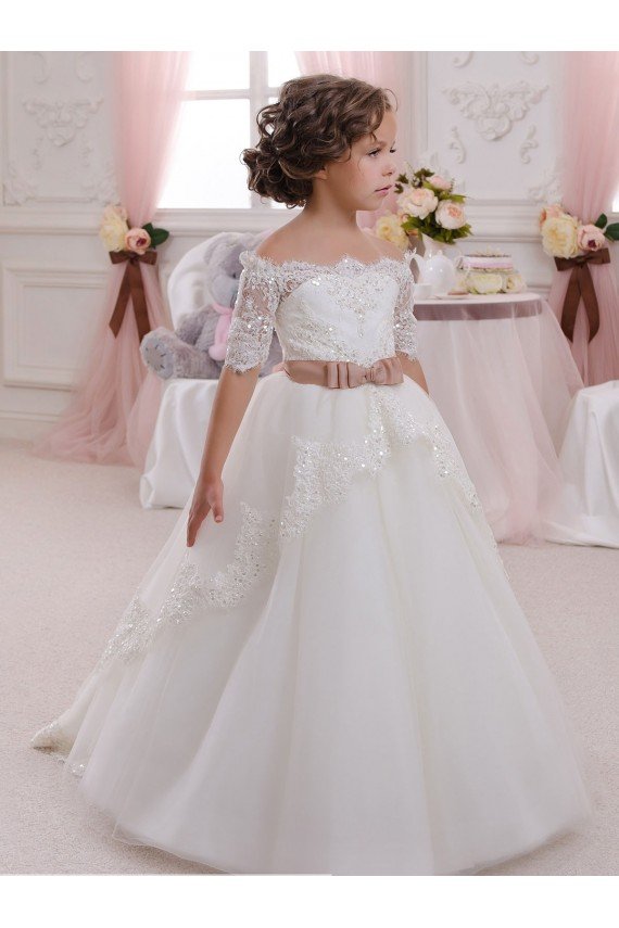 Shop Ivory Ball Gown High Neck Floor Length Short Sleeve Flower Girl Dress Sydney