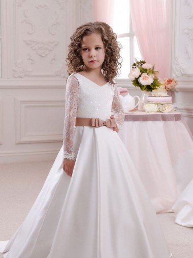 Shop Ivory Ball Gown V-Neck Chapel Train Long Sleeve Flower Girl Dress Sydney