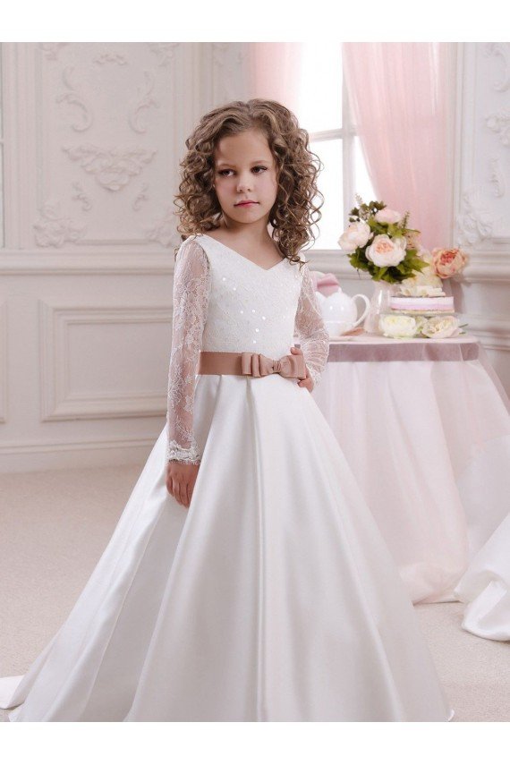 Shop Ivory Ball Gown V-Neck Chapel Train Long Sleeve Flower Girl Dress Sydney