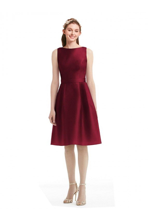 Shop Short Midi Length Satin Cocktail Bridesmaid Dress with Bateau Neckline and V-Back Sydney
