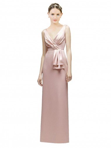 Shop Sleeveless V-Neck Long Satin Bridesmaid Dress with Draped Bodice and Tiered Bow Sydney