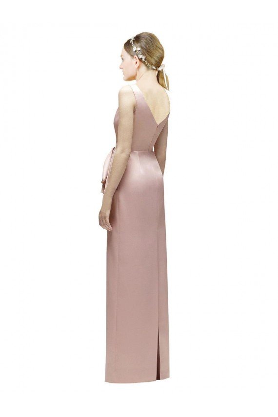 Shop Sleeveless V-Neck Long Satin Bridesmaid Dress with Draped Bodice and Tiered Bow Sydney