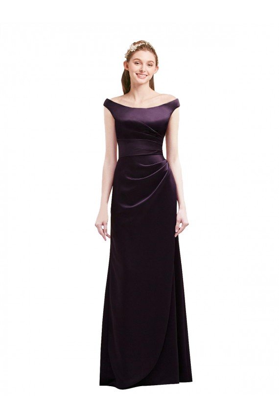 Shop Off The Shoulder Long Satin Bridesmaid Dress with Asymmetrical Pleated Bodice Sydney