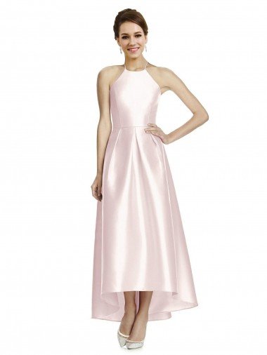 Shop Long High-Low Halter Satin Bridesmaid Dress with Criss-Cross Back Sydney