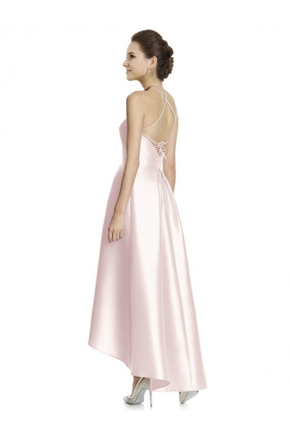 Shop Long High-Low Halter Satin Bridesmaid Dress with Criss-Cross Back Sydney