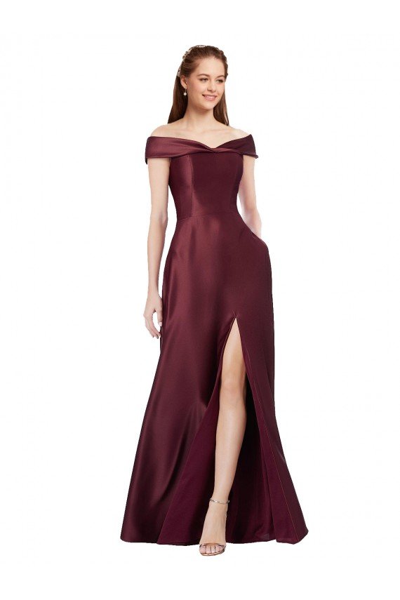Shop Long Off the Shoulder Formal Satin Bridesmaid Dress / Prom Dress with Thigh-high Slit Sydney
