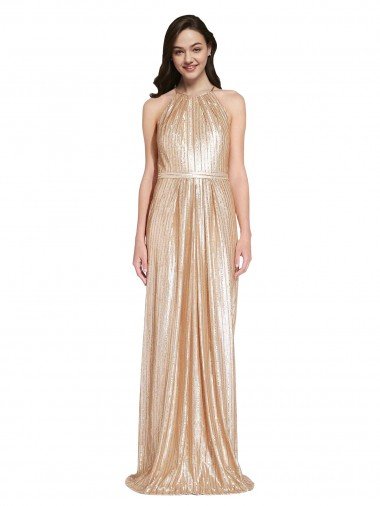 Shop Floor Length Halter Neck Sparkling Formal Sequin Bridesmaid Dress / Prom Dress with Pleats Sydney