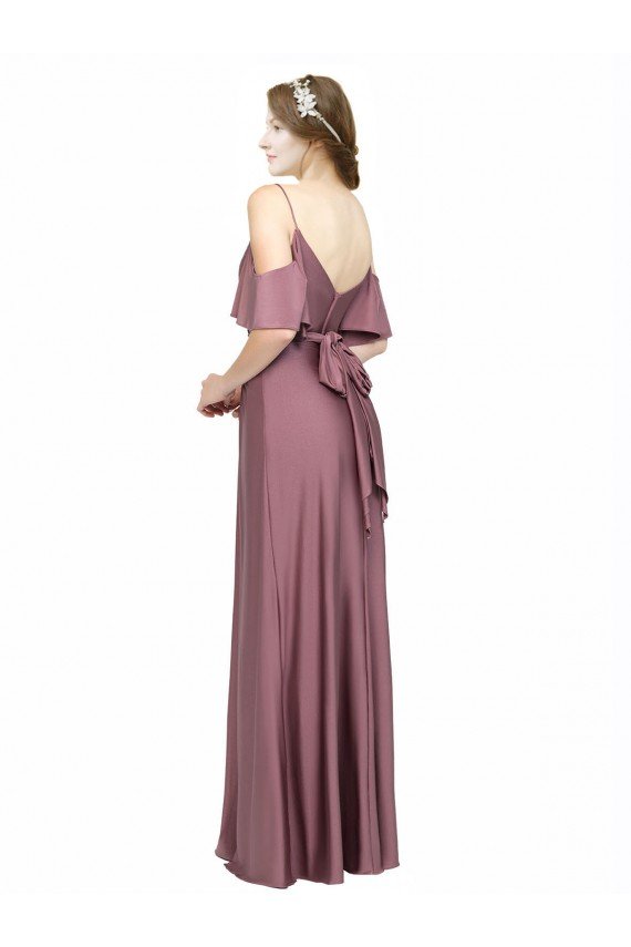 Shop Draped Cold Shoulder Sleeves Long Formal Silky Satin Bridesmaid Dress / Prom Dress with Slit and Tie Back Sydney