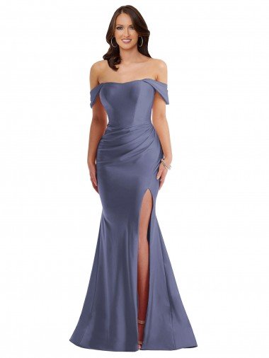 Shop Off the Shoulder Corset Formal Silky Satin Mermaid Bridesmaid Dress / Prom Dress with Side Slit Sydney