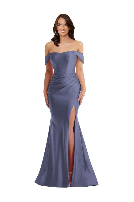 Shop Off the Shoulder Corset Formal Silky Satin Mermaid Bridesmaid Dress / Prom Dress with Side Slit Sydney