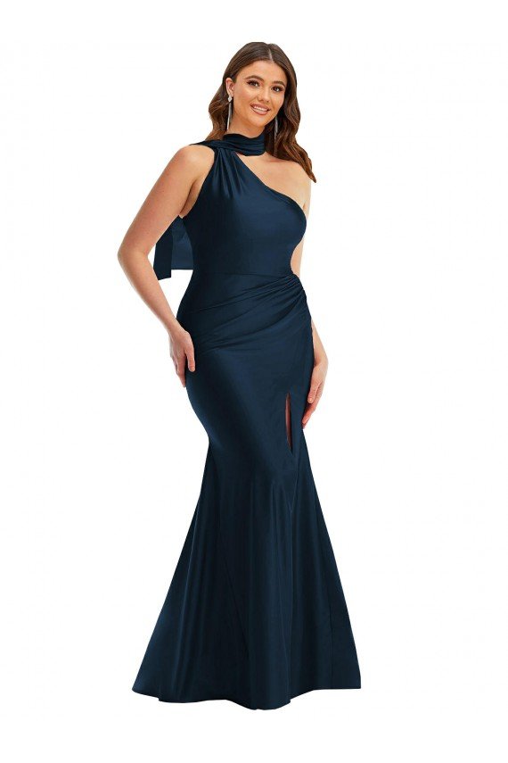 Shop Scarf Neck One Shoulder Formal Silky Satin Mermaid Bridesmaid Dress / Prom Dress with Front Slit Sydney