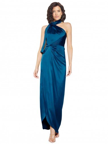 Shop High Halter Neck Formal Silky Satin Bridesmaid Dress / Prom Dress with Sash Overlay and Side Split Sydney