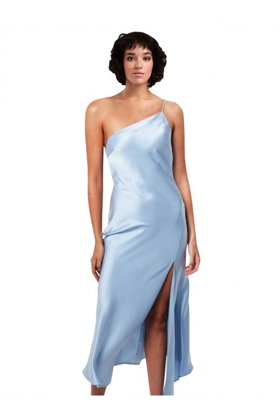 Shop Midi Length Short Formal Silky Satin Bridesmaid Dress / Cocktail Prom Dress with Asymmetric Neckline and High Side Split Sydney