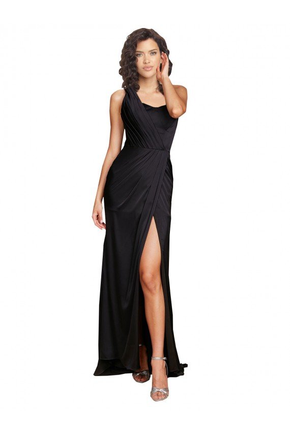 Shop Full Length One Shoulder Ruffled Long Formal Silky Satin Bridesmaid Dress / Prom Dress with High Slit Sydney