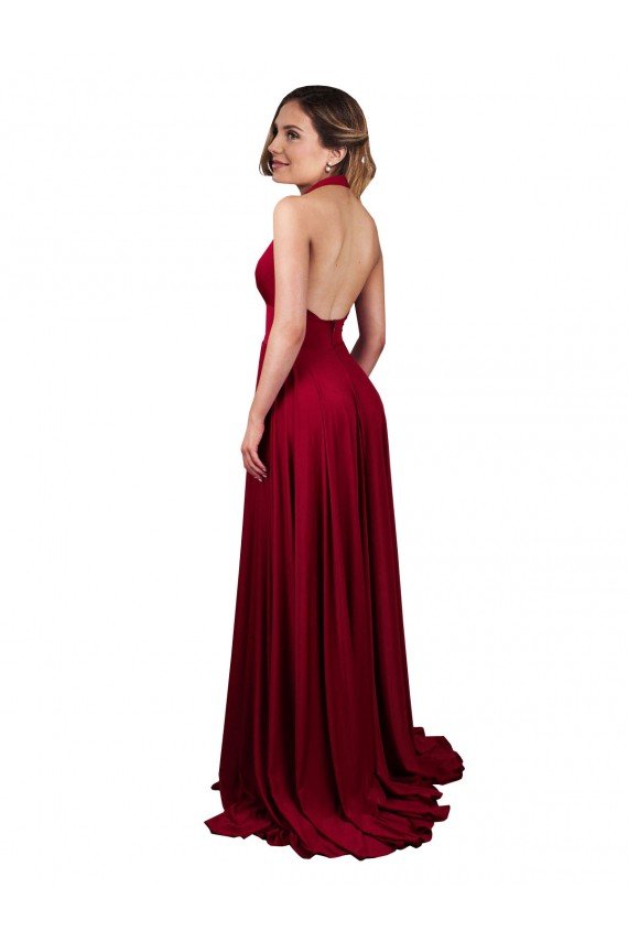 Shop A-Line Halter Plunge V-Neckline Open Back Formal Spandex Bridesmaid Dress / Prom Dress with Slit Sydney