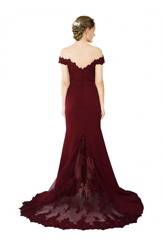 Shop Full Length Off the Shoulder Formal Crepe Bridesmaid Dress / Prom Dress with Lace On Bodice and Back Sydney