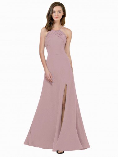 Shop High Neck Crepe Bridesmaid Dress / Prom Dress with Pleats and Keyhole Back Sydney
