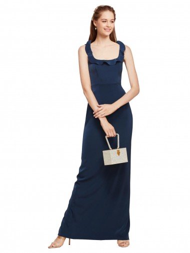 Shop Scoop Neck with Ruffles Long Formal Crepe Bridesmaid Dress / Prom Dress with Back Slit Sydney
