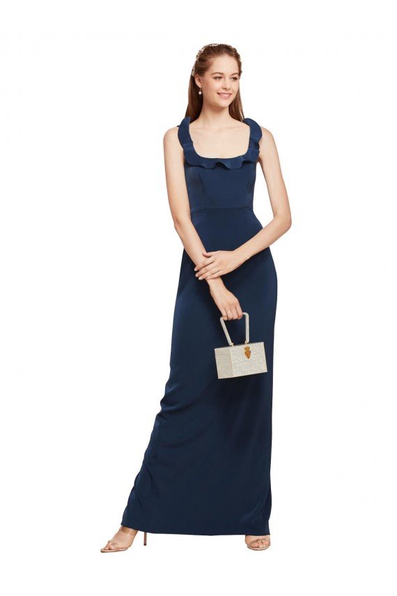 Shop Scoop Neck with Ruffles Long Formal Crepe Bridesmaid Dress / Prom Dress with Back Slit Sydney