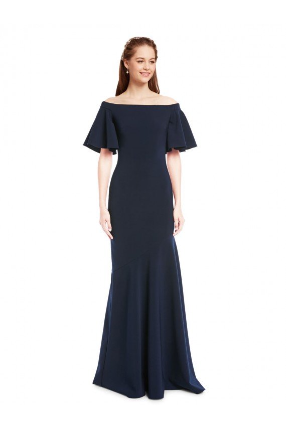 Shop Off the Shoulder Formal Crepe Bridesmaid Dress / Prom Dress with Short Ruffle Sleeves. Sydney