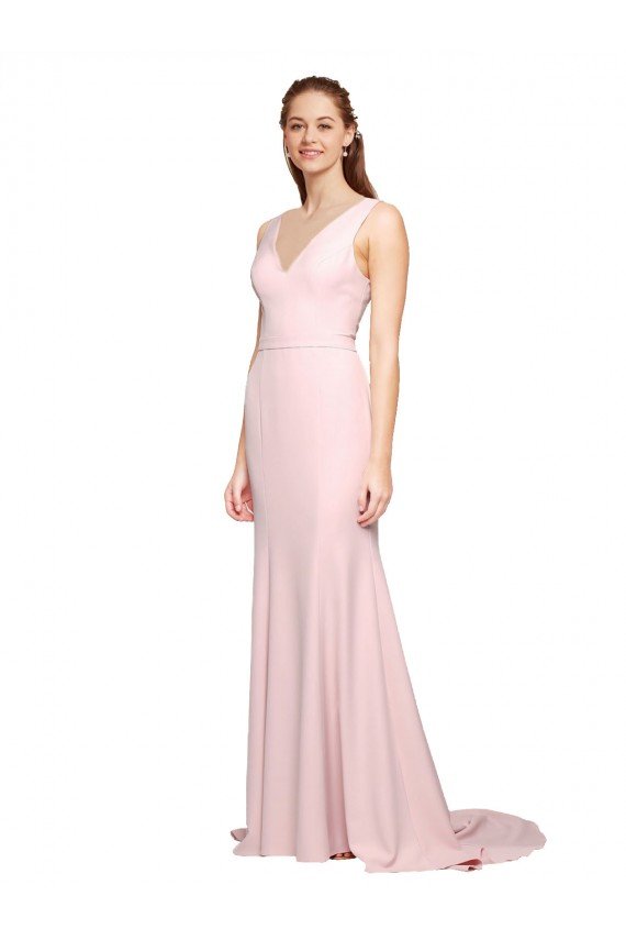 Shop Deep V-Neckline and Back Long Sweep Train Crepe Bridesmaid Dress / Prom Dress with Shoulder Straps Sydney
