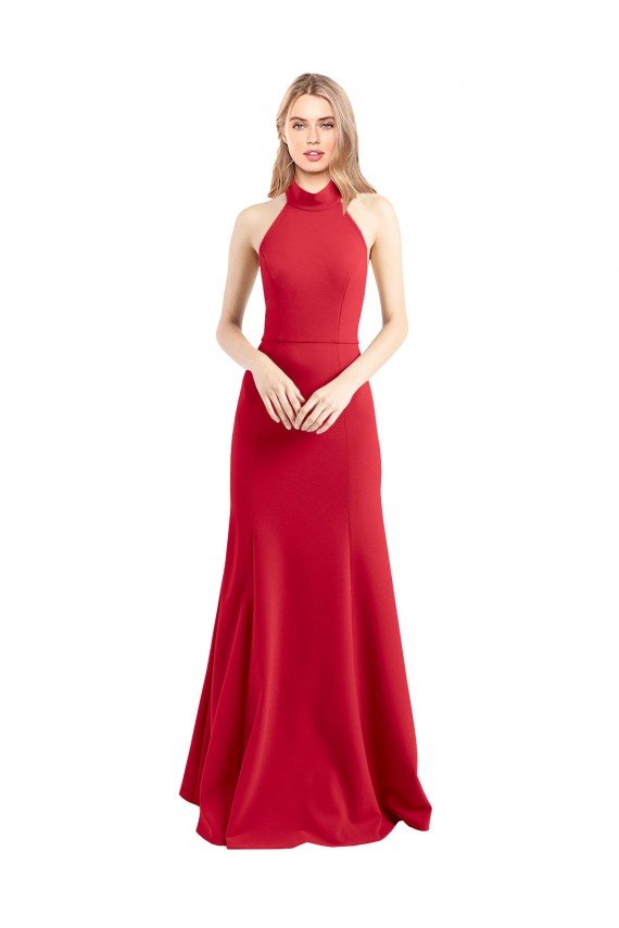 Shop Sleek Fit and Flare High Neck Halter Stretch Formal Crepe Bridesmaid Dress / Prom Dress with Open Back Sydney