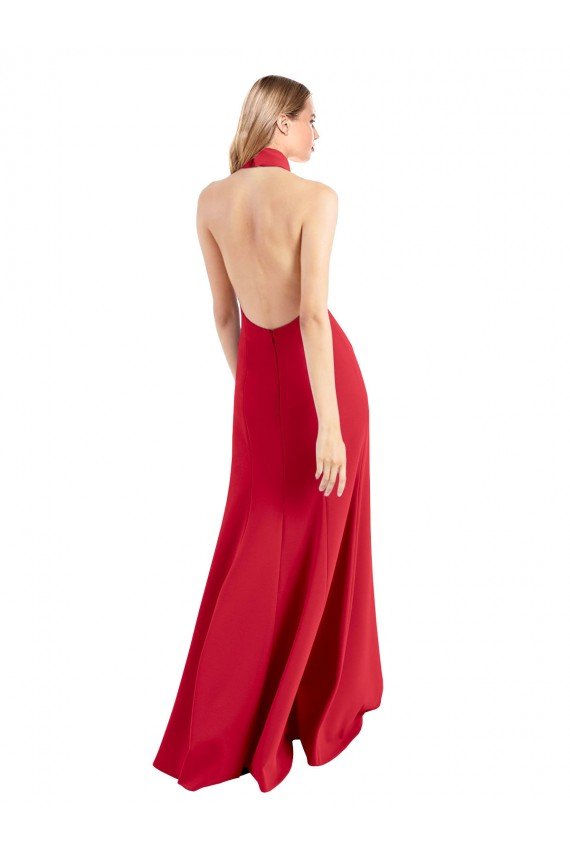 Shop Sleek Fit and Flare High Neck Halter Stretch Formal Crepe Bridesmaid Dress / Prom Dress with Open Back Sydney