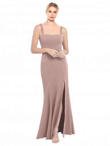 Shop Square Neck Fit and Flare Long Stretch Crepe Bridesmaid Dress / Prom Dress with Side Slit Sydney
