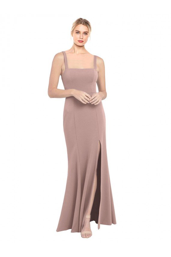 Shop Square Neck Fit and Flare Long Stretch Crepe Bridesmaid Dress / Prom Dress with Side Slit Sydney