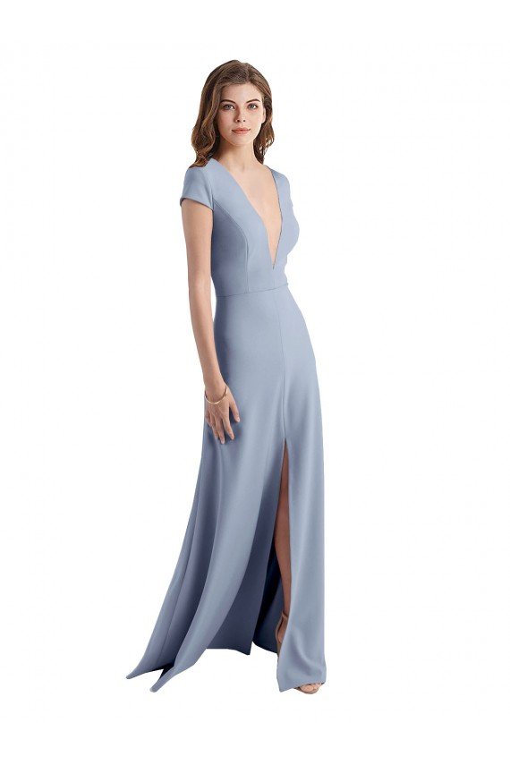 Shop Plunging V-Neck Cap Sleeves Stretch Crepe Bridesmaid Dress / Prom Dress with Front Slit Sydney
