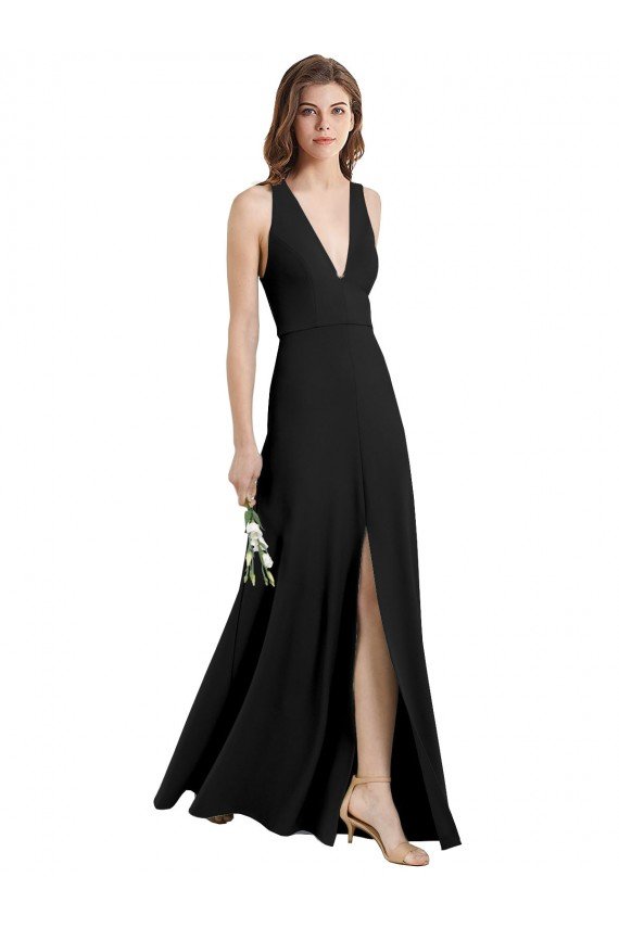 Shop Sleek Halter V-Neck Long A-Line Stretch Formal Crepe Bridesmaid Dress / Prom Dress with Front Slit Sydney