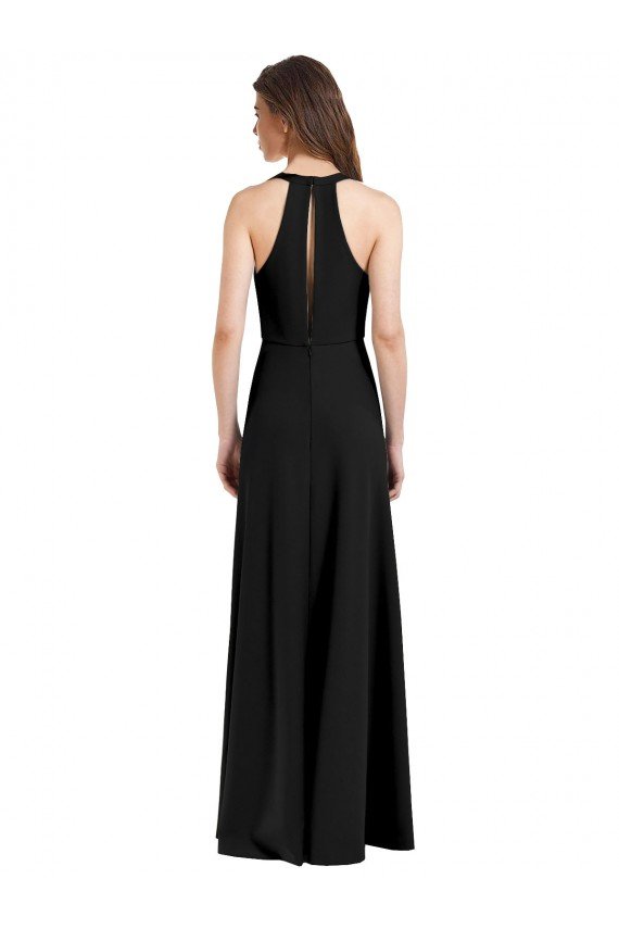 Shop Sleek Halter V-Neck Long A-Line Stretch Formal Crepe Bridesmaid Dress / Prom Dress with Front Slit Sydney