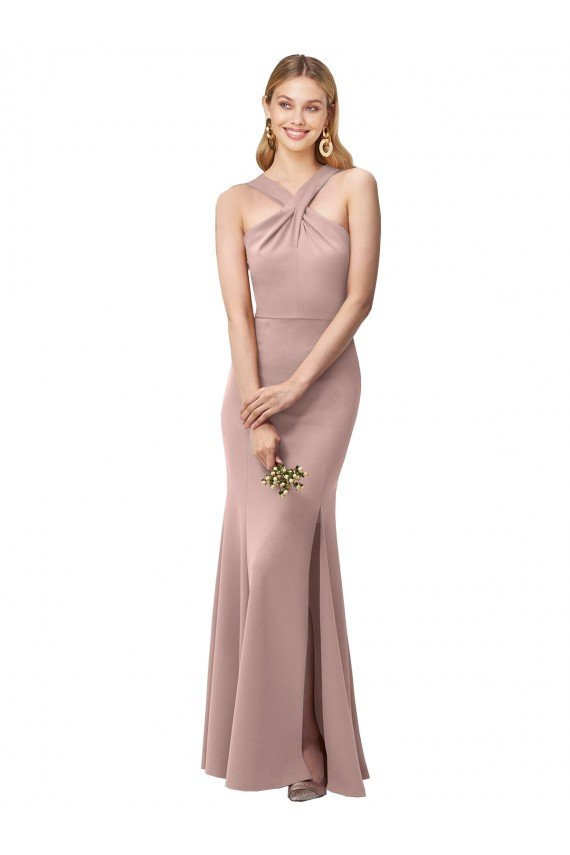 Shop Long Floor Length High Neck Fit and Flare Stretch Crepe Bridesmaid Dress / Prom Dress with Side Slit Sydney
