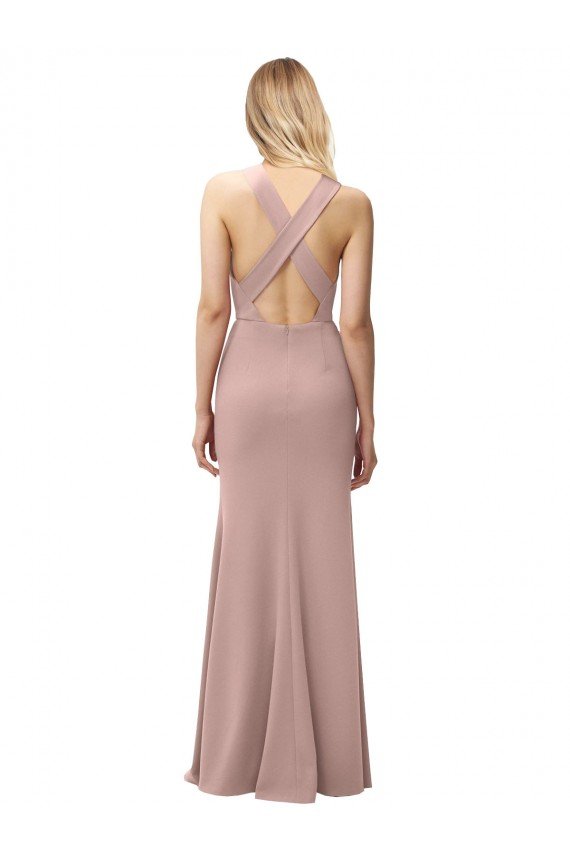 Shop Long Floor Length High Neck Fit and Flare Stretch Crepe Bridesmaid Dress / Prom Dress with Side Slit Sydney