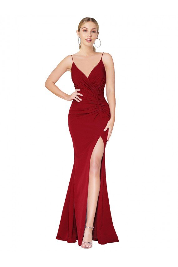 Shop Spaghetti Straps V-Neck Long Formal Crepe Dress with High Slit Sydney