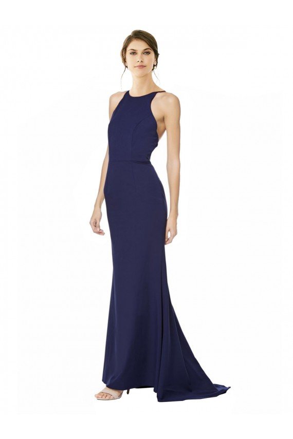 Shop Fishtail High Neck Maxi Formal Crepe Bridesmiad Dress with Strappy Back Detail Sydney