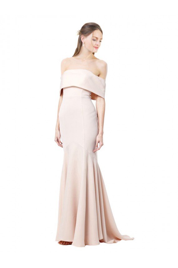 Shop Mermaid Bardot Maxi Formal Crepe Bridesmiad Dress with Fishtail Train Sydney