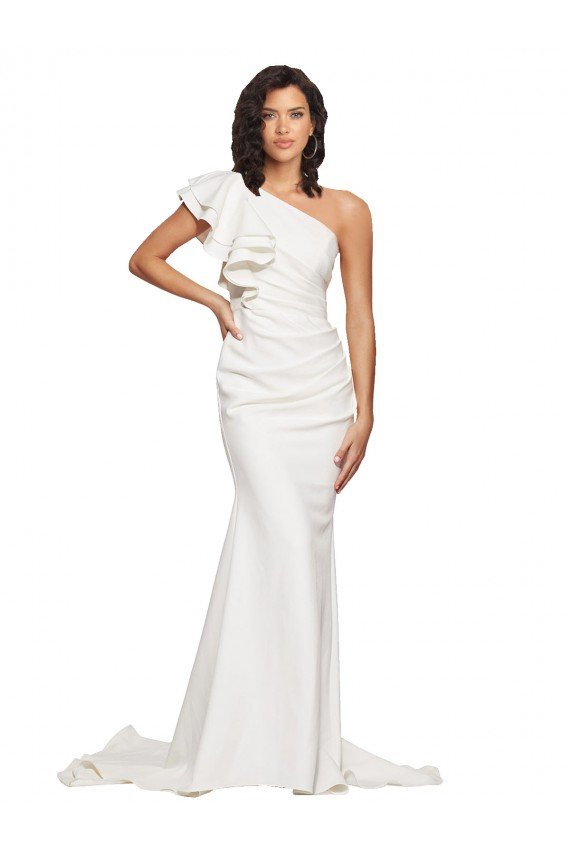 Shop Ruched Long Sweep Train Crepe Bridesmaid Dress / Prom Dress with Shoulder Ruffles Sydney