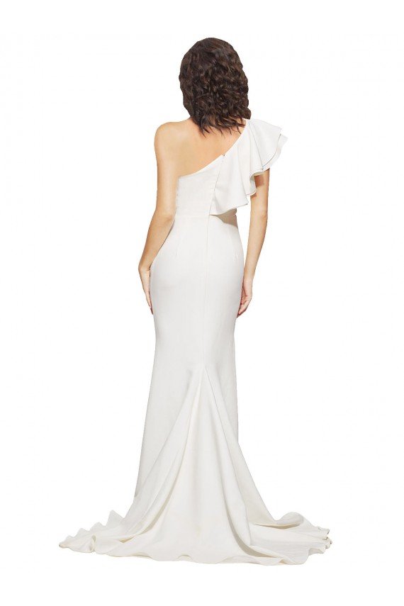 Shop Ruched Long Sweep Train Crepe Bridesmaid Dress / Prom Dress with Shoulder Ruffles Sydney