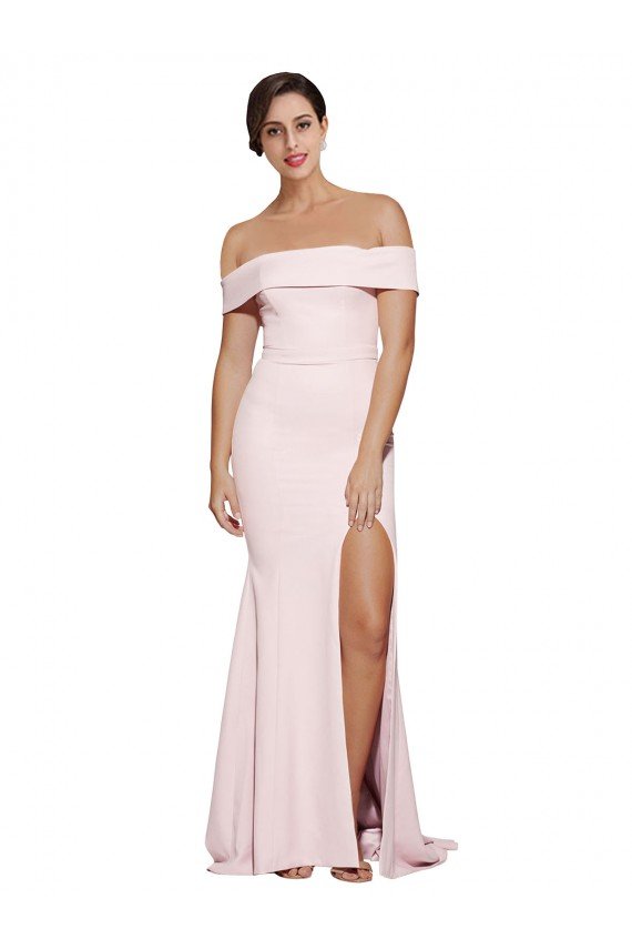 Shop Off Shoulder Long Formal Crepe Bridesmaid Dress / Prom Dress with Straight Neckline and Side Split Sydney