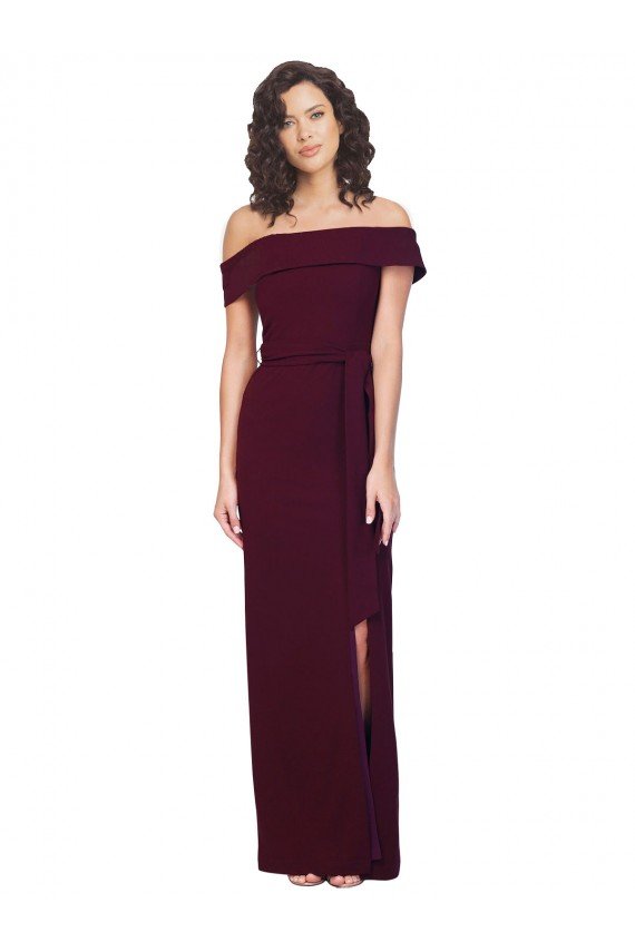 Shop Fitted Full Length Off the Shoulder Formal Crepe Bridesmaid Dress / Prom Dress with Side Split and Waist Tie Sydney
