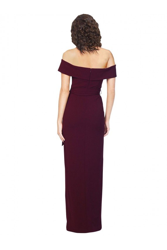Shop Fitted Full Length Off the Shoulder Formal Crepe Bridesmaid Dress / Prom Dress with Side Split and Waist Tie Sydney