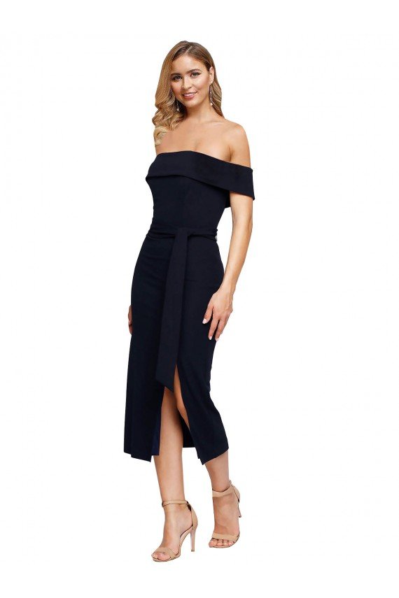 Shop Fitted Short Cocktail Midi Length Off the Shoulder Formal Crepe Bridesmaid Dress / Prom Dress with Side Split and Waist Tie Sydney