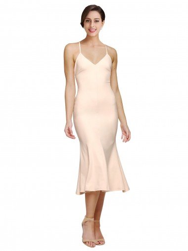 Shop Midi Cocktail Length V-Neckline Crepe Bridesmaid Dress / Prom Dress with Thin Straps and Fulted Skirt Sydney