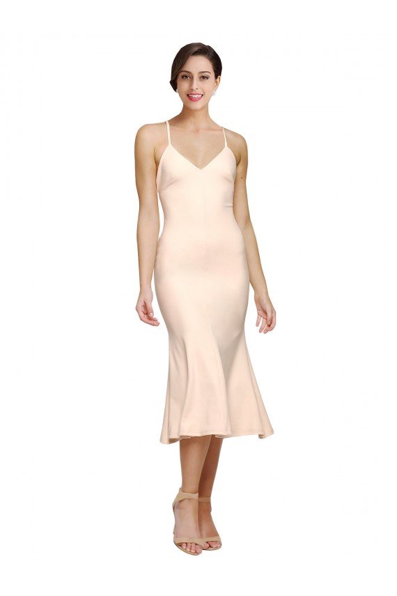 Shop Midi Cocktail Length V-Neckline Crepe Bridesmaid Dress / Prom Dress with Thin Straps and Fulted Skirt Sydney