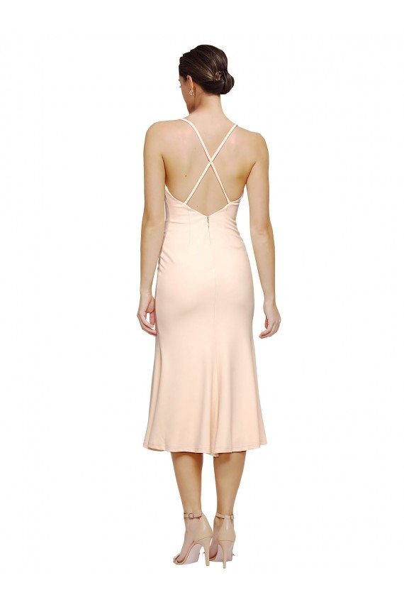 Shop Midi Cocktail Length V-Neckline Crepe Bridesmaid Dress / Prom Dress with Thin Straps and Fulted Skirt Sydney