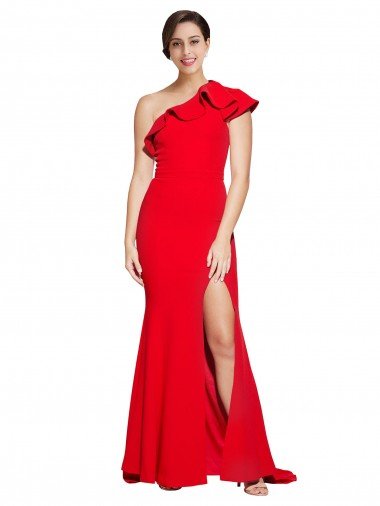 Shop One Shoulder Long Sweep Train Crepe Bridesmaid Dress / Prom Dress with Thigh High Split Sydney