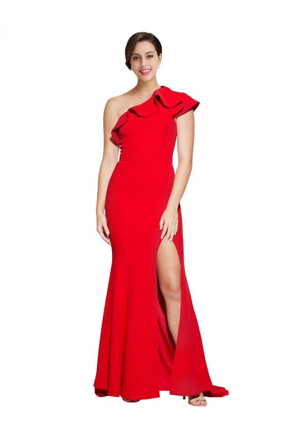 Shop One Shoulder Long Sweep Train Crepe Bridesmaid Dress / Prom Dress with Thigh High Split Sydney