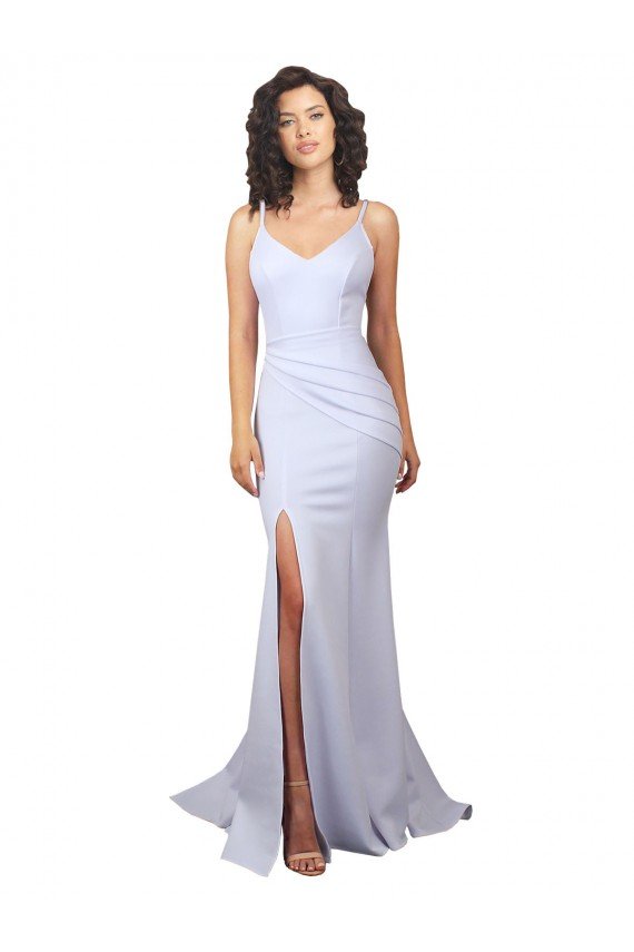 Simple Mermaid V-Neck Long Crepe Beach Wedding Dress with Right Slit Sydney